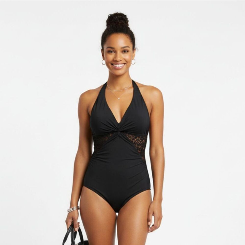 Laundry Black Crochet Sheer Panel One Piece Bathing Swim Suit XS